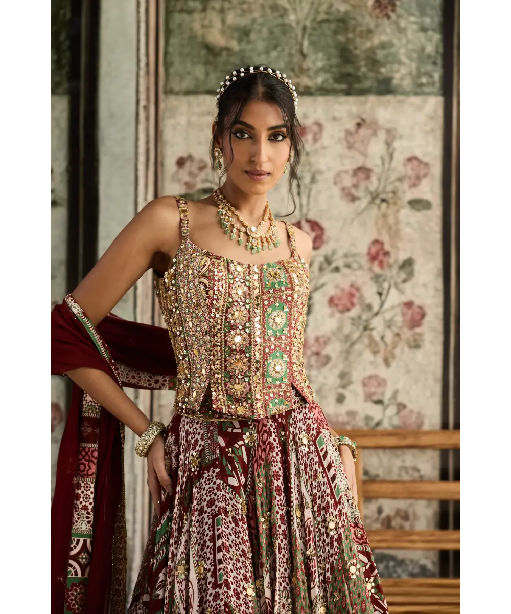 DIYARAJVVIR - Sage-Maroon Print and Highlighted Corset Blouse Lehenga Set